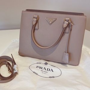 Prada Galleria Saffiano Lux Leather BEIGE Satchel Tote Handbag Double Zip Medium